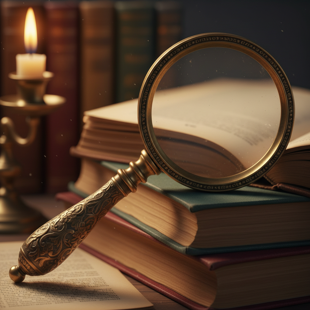 Antique brass magnifying glass resting on open cloth-bound books with warm candlelight