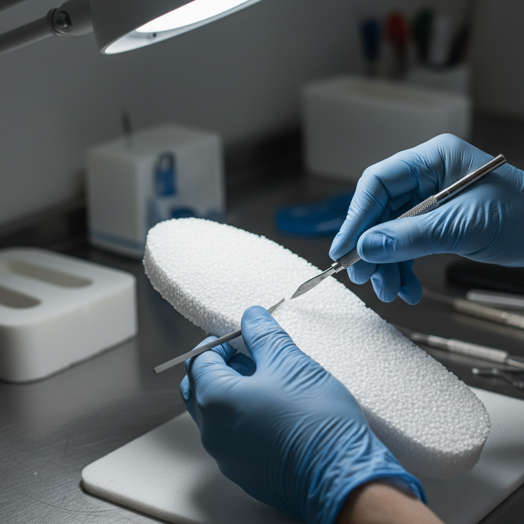 Pediatric custom orthotic insole being crafted from precision milling machine in lab