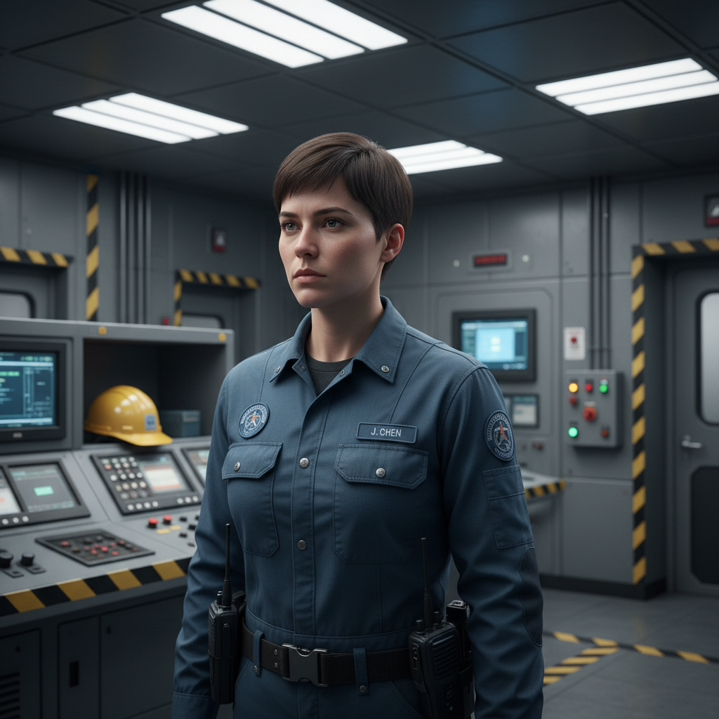 Marcus Delacroix, safety engineer with close-cropped hair in a facility uniform