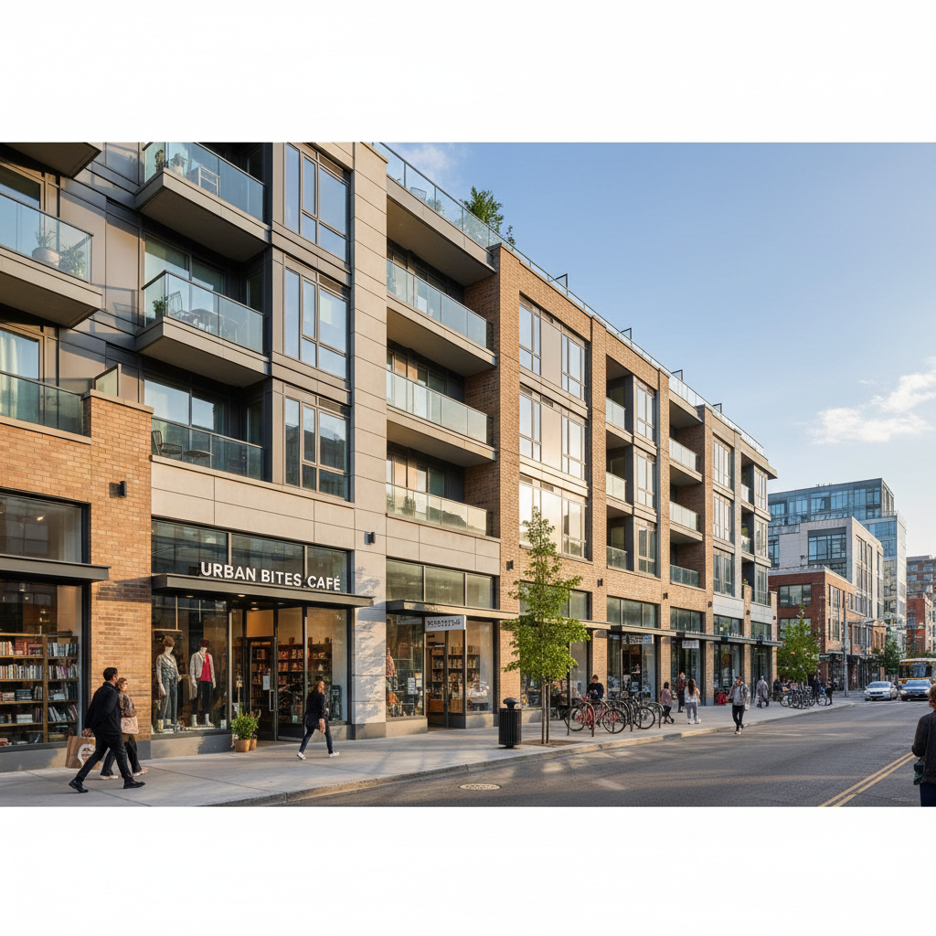 Mixed-use urban building with retail ground floor and residential apartments above