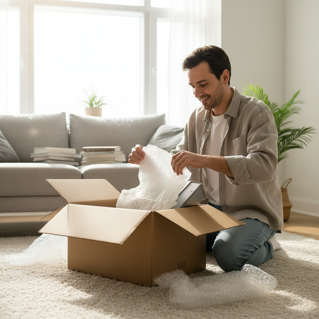 Blije persoon pakt pakket uit op bank in lichte woonkamer — warm daglicht