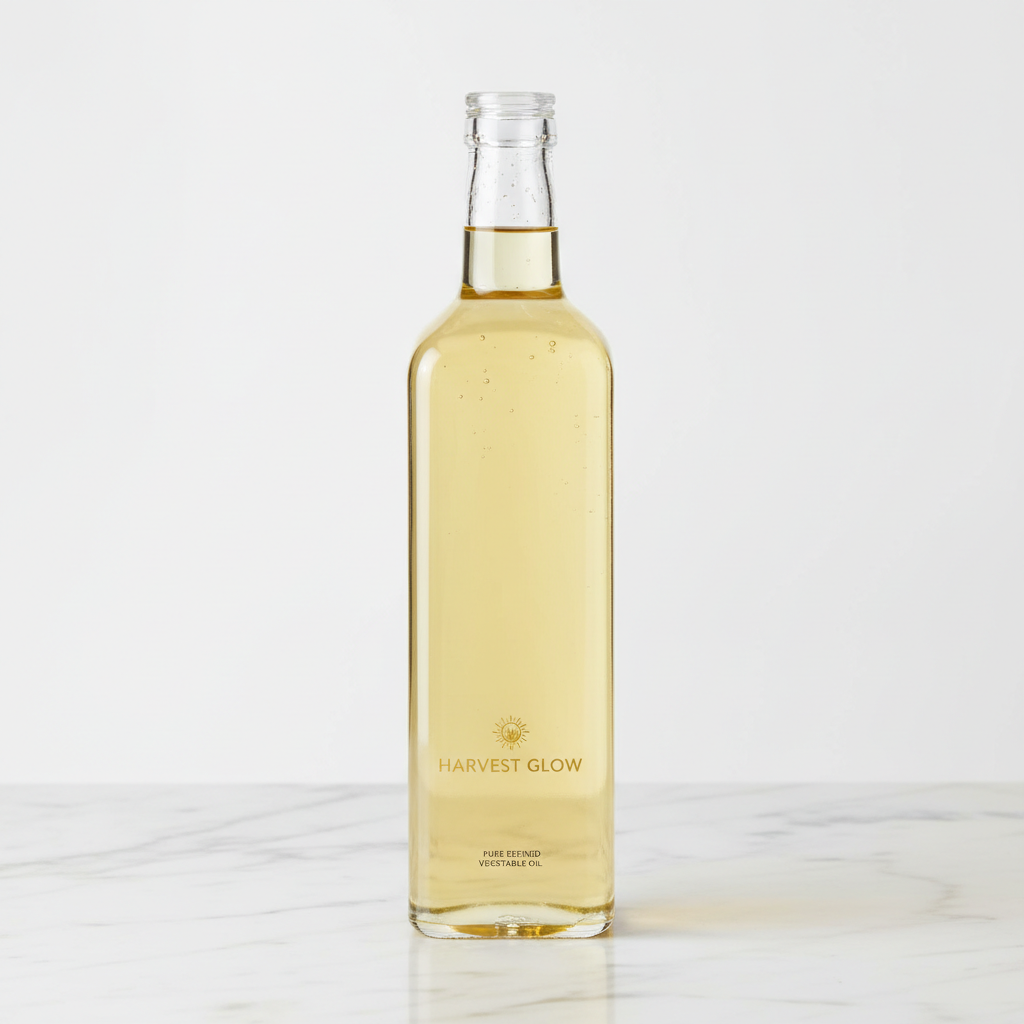 Golden sunflower cooking oil being poured, bright warm kitchen background, sunny natural light
