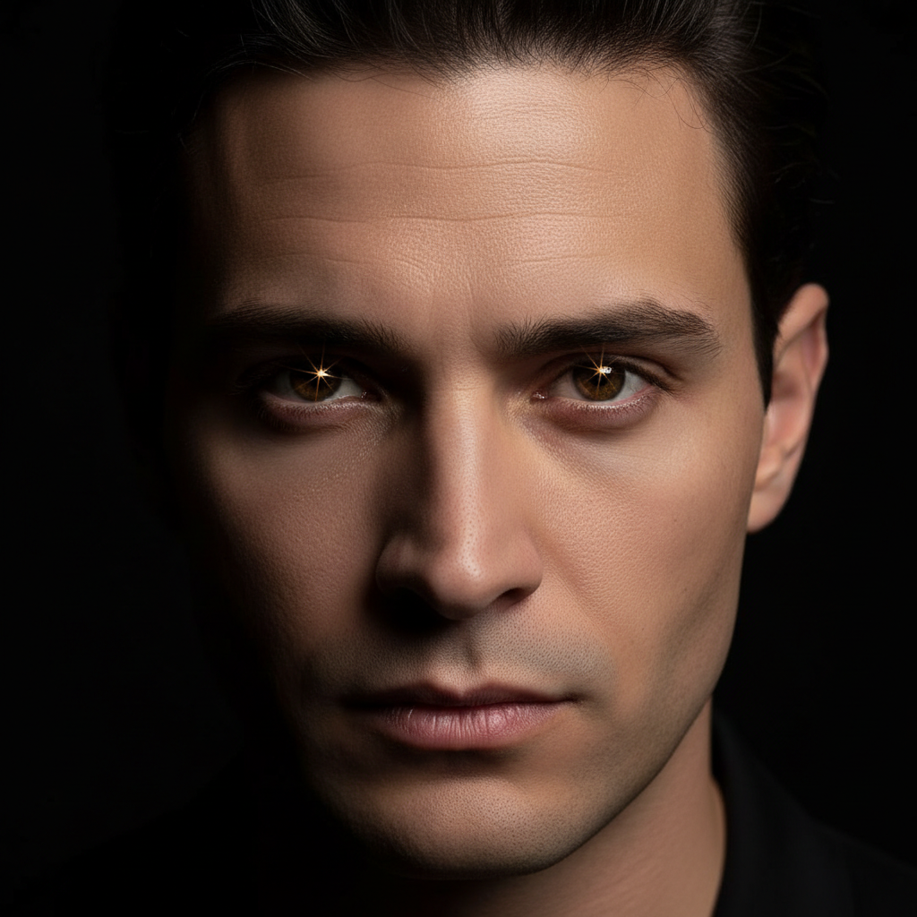 Portrait of a recording artist staring directly into lens with gold catchlights against obsidian background