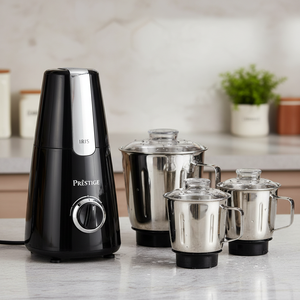 Modern kitchen countertop mixer grinder in white with stainless steel jars