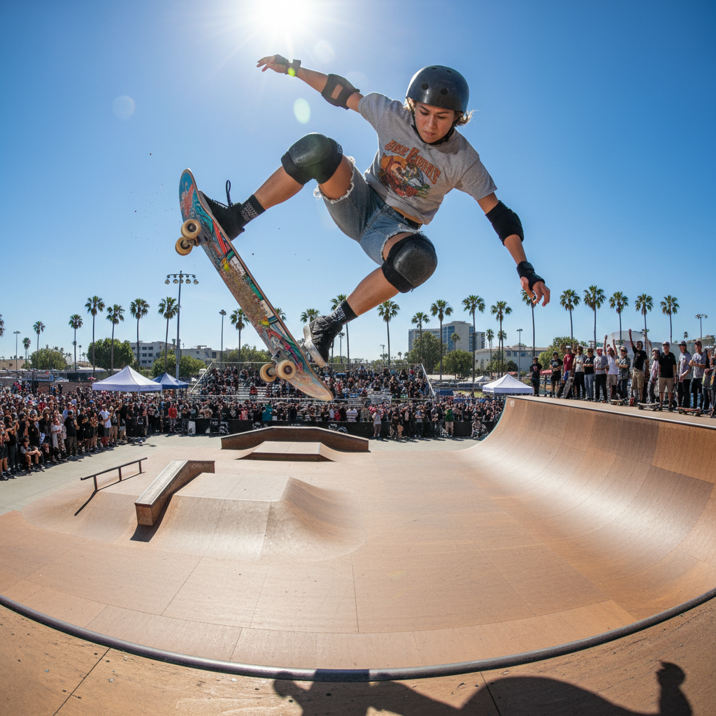 Keiko Tanaka airborne above a vert ramp in a competition setting