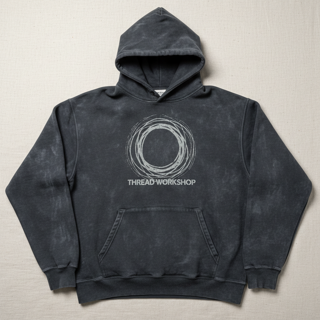 Charcoal heavyweight pullover hoodie with kangaroo pocket on dark background, dramatic shadows