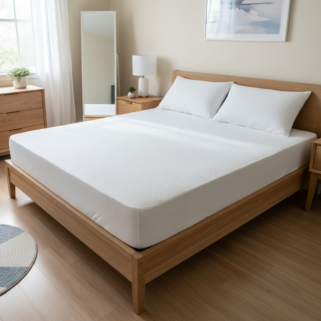 White queen mattress on a bed frame in a bright well-lit bedroom with natural light and clean white bedding