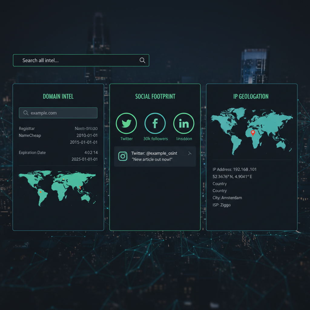 Screenshot of OSINT Dashboard project showing cybersecurity dashboard with dark interface