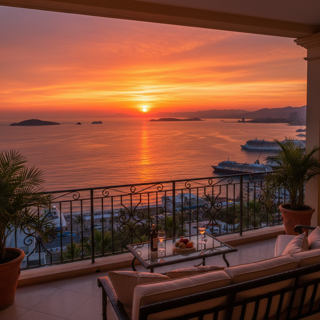 Atardecer espectacular sobre el Pacífico visto desde el balcón de un departamento de lujo en el puerto marítimo de Mazatlán