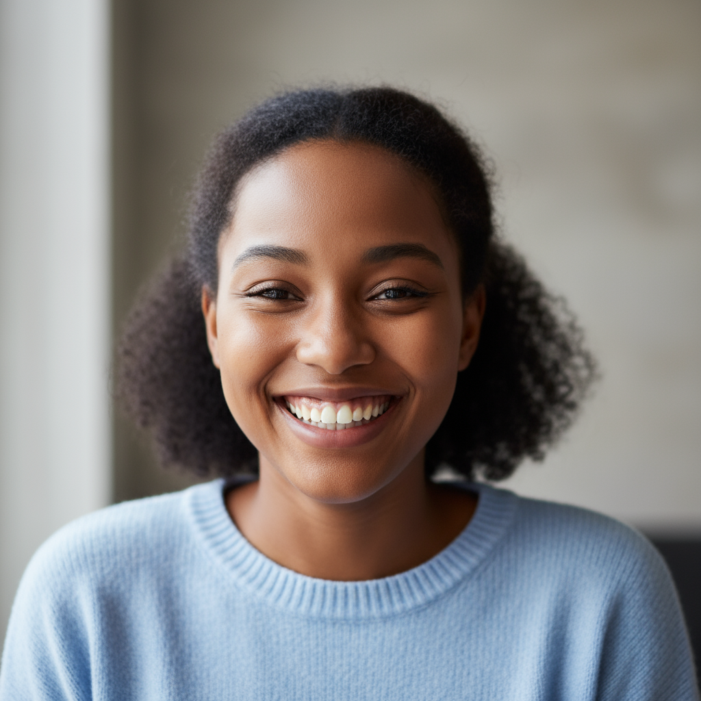 Young West African woman smiling confidently, natural light, university campus background