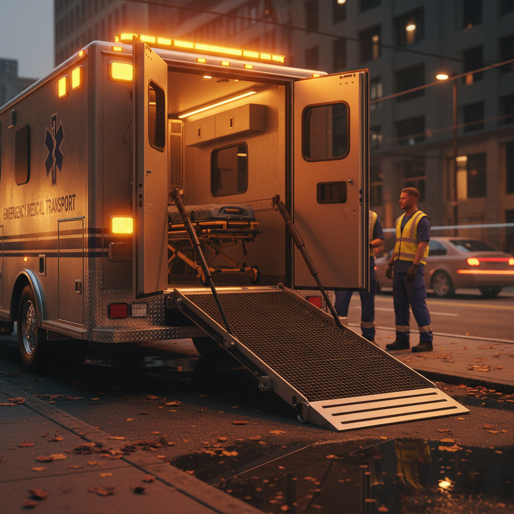 Medical transport van with stretcher loading ramp and amber safety lighting