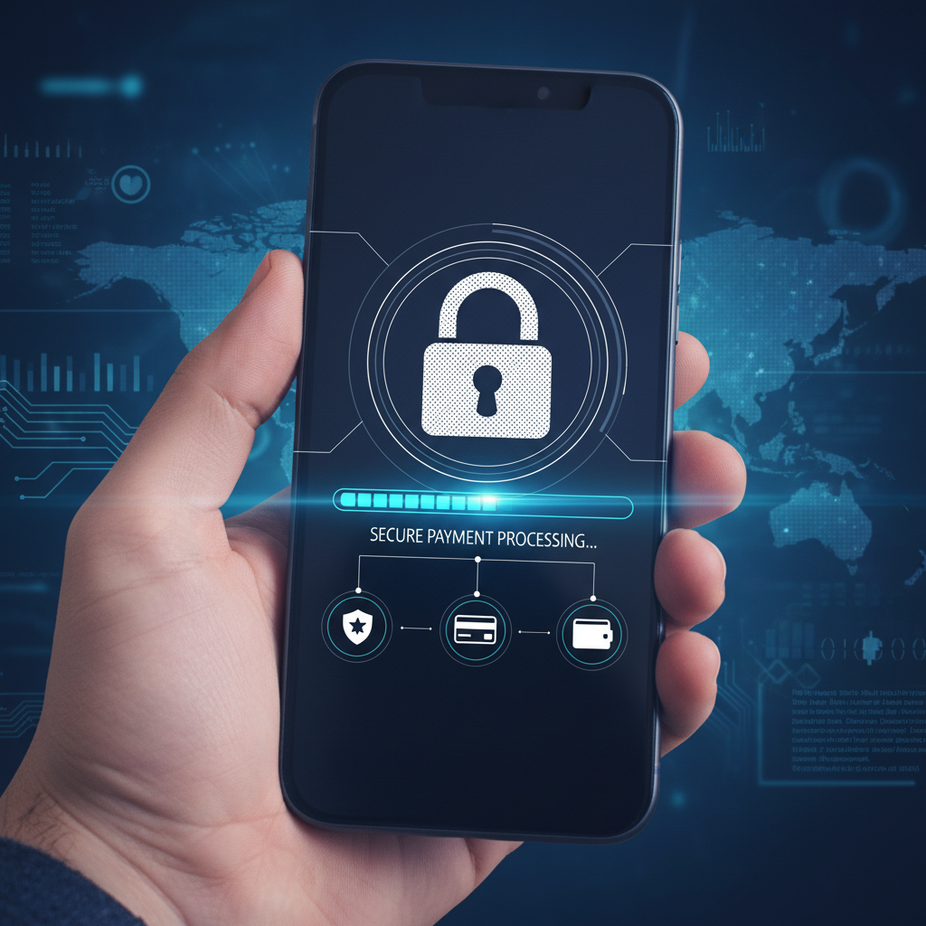 Secure digital payment transaction on smartphone, dark background with neon blue data streams and padlock icons, deep shadows, low-key fintech lighting