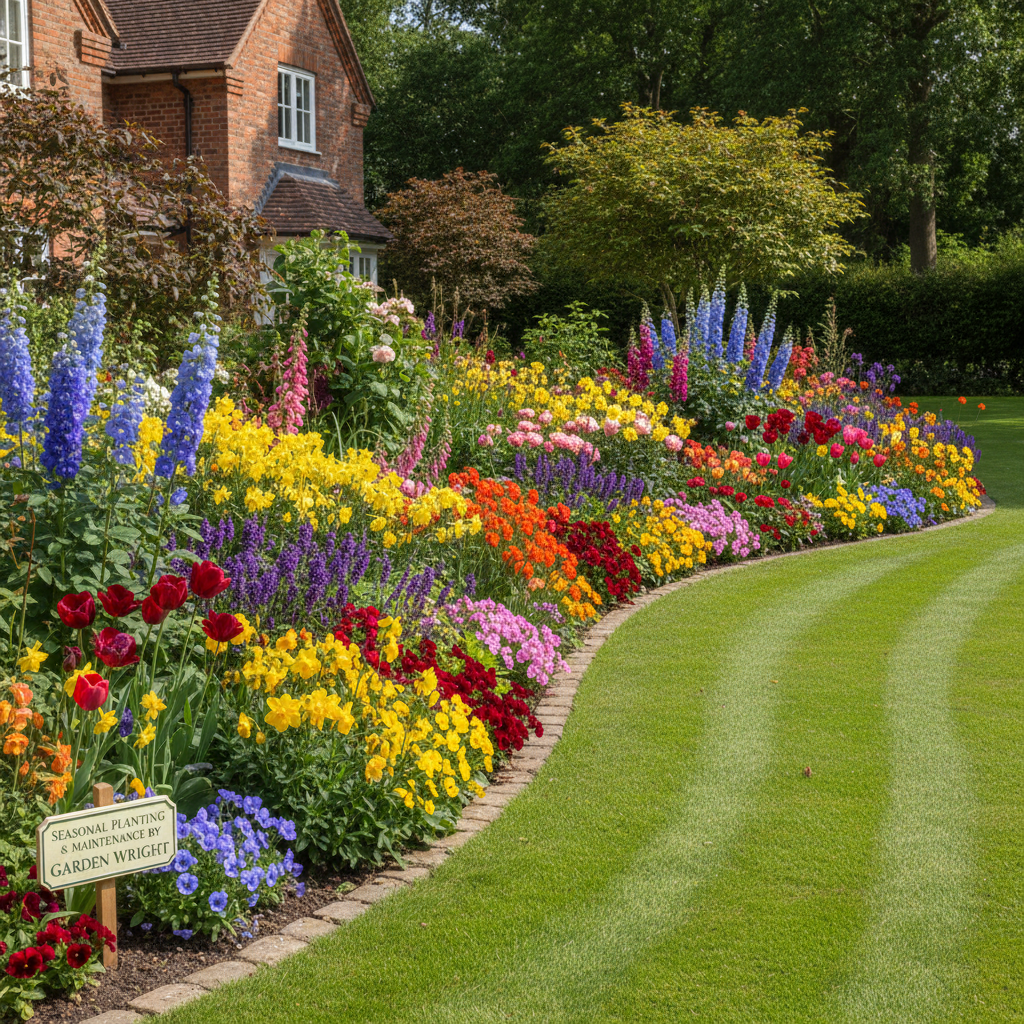 Vibrant seasonal flower display with colorful annuals and perennials in a garden border