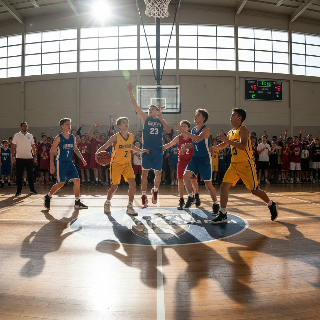 Students playing basketball on the school court during sports day