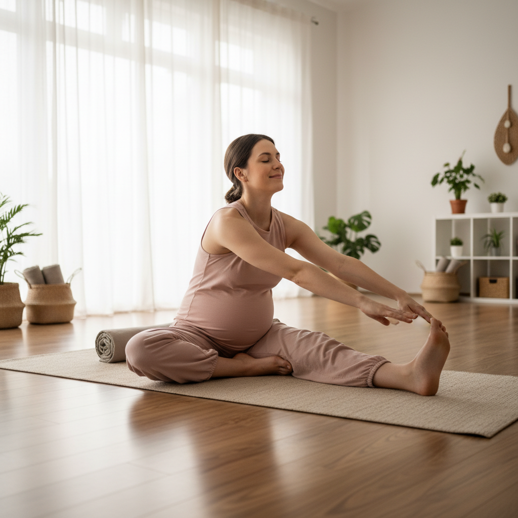 Pregnant woman doing gentle stretching exercises on a yoga mat in a bright wellness studio with soft natural light