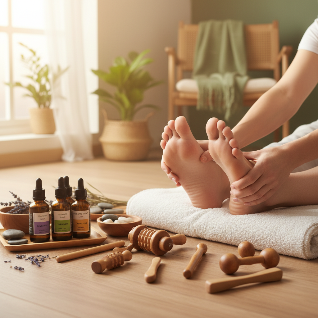 Reflexology foot massage with essential oils, dark treatment room, candles and flowers, relaxing spa setting
