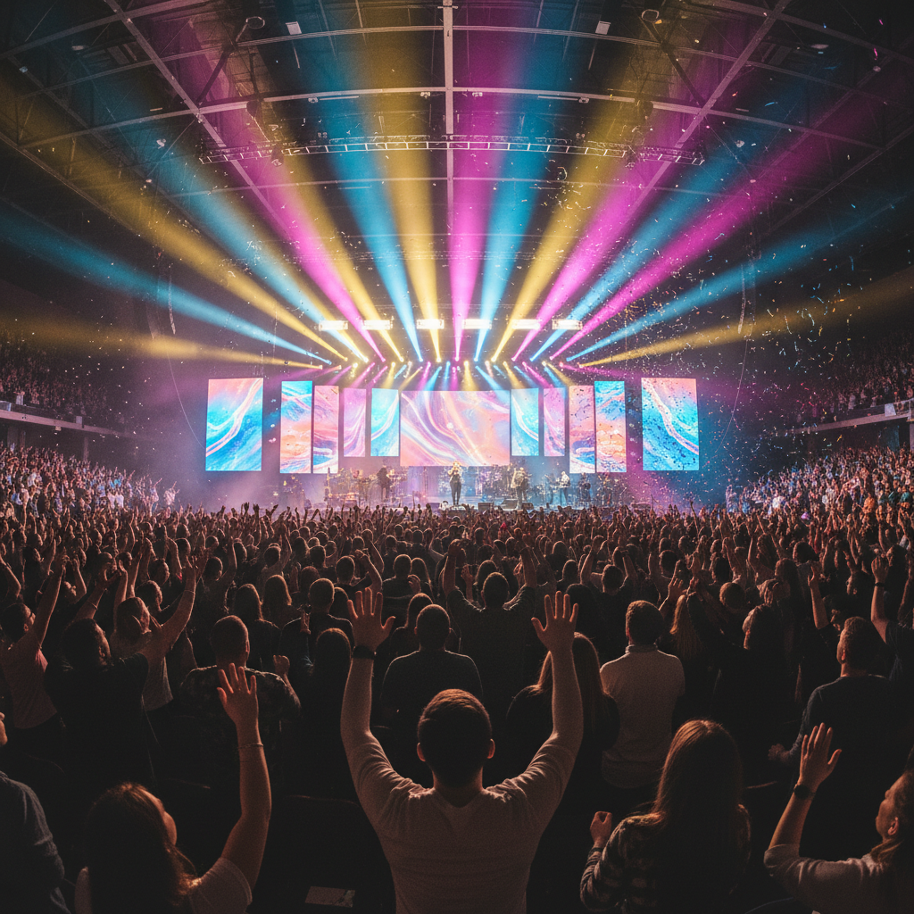 Concert-style worship event with dramatic stage lighting and large crowd