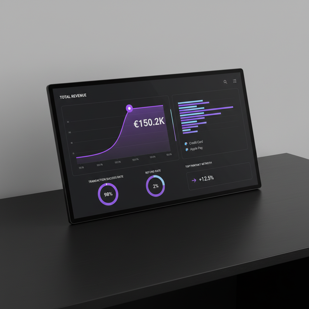 Analytics dashboard on dark screen with purple and blue performance charts, data grid below