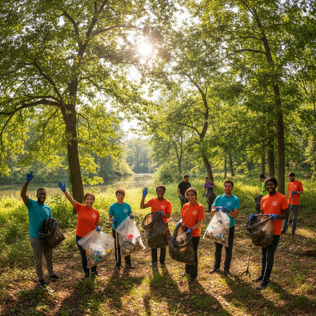 Community volunteers at a neighborhood cleanup event, green park setting, afternoon light