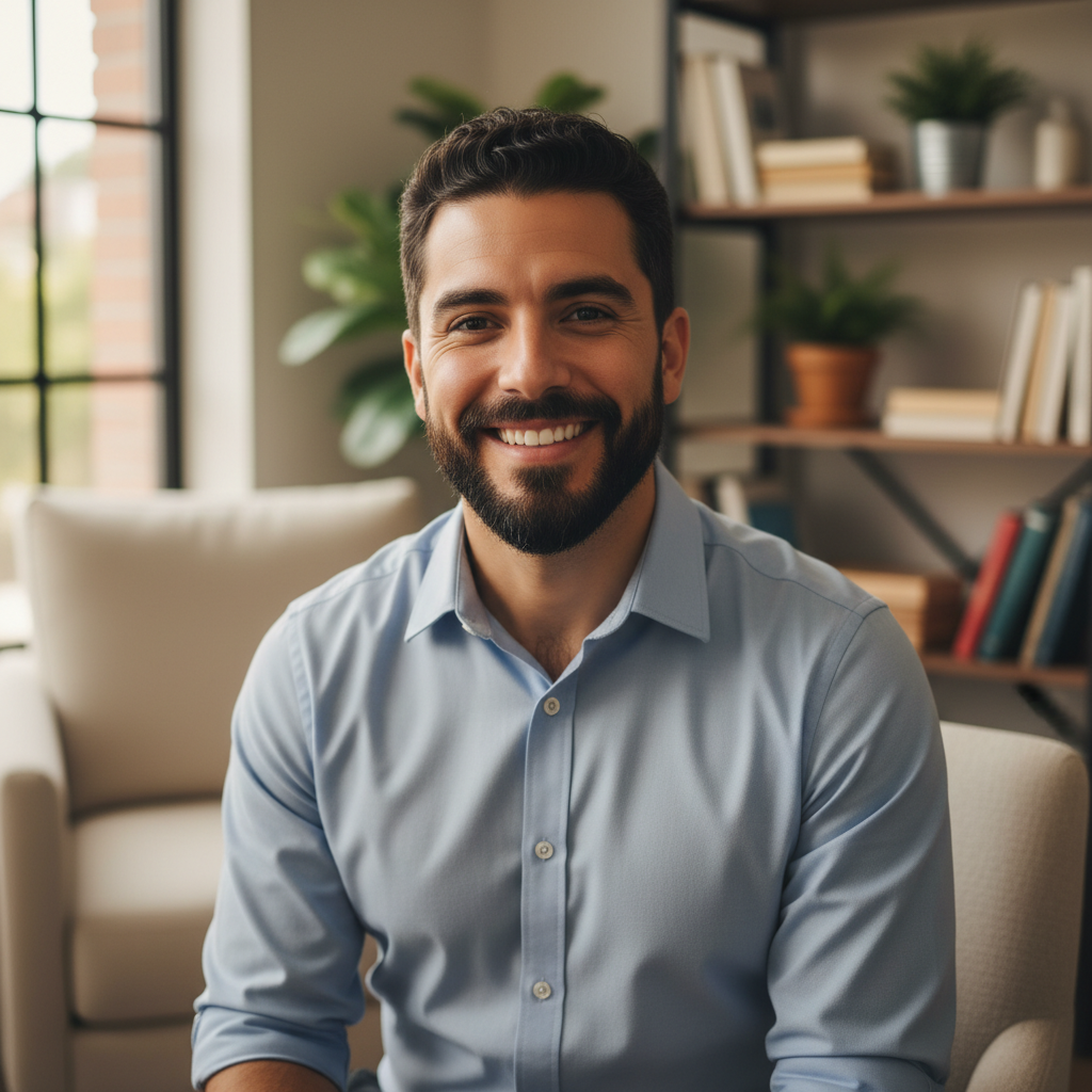 Hispanic male wellness practitioner in navy blue shirt with warm smile in bright therapy room
