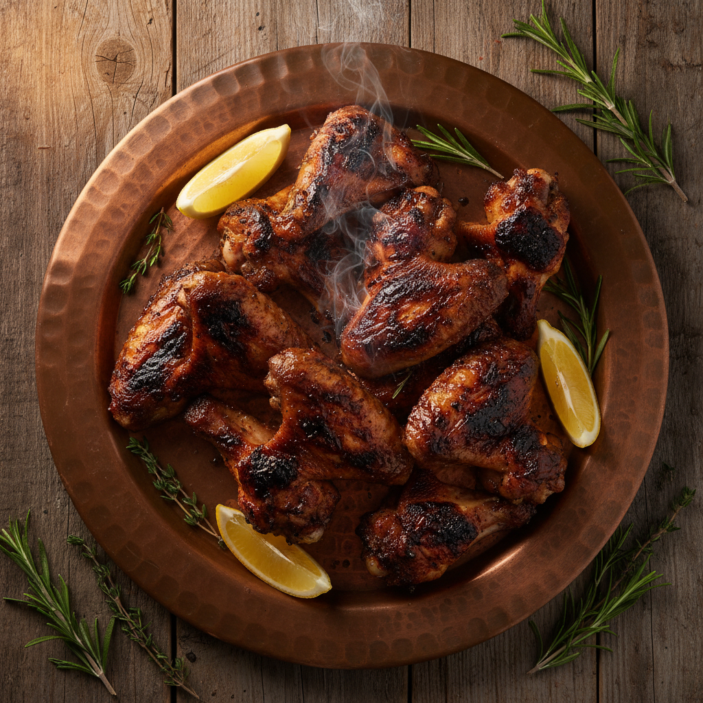 Grilled chicken with golden char marks, herbs, lemon slices on dark cast iron plate with dim intimate lighting