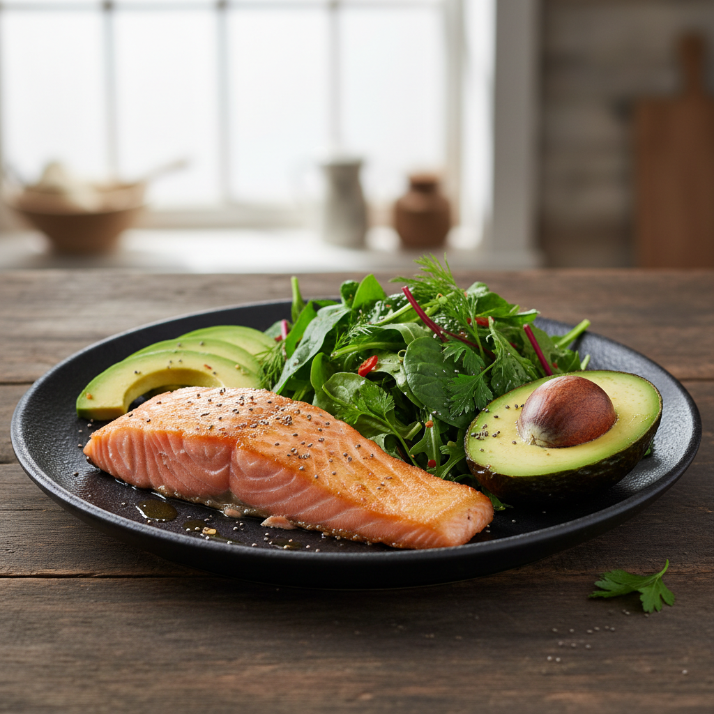 Dark moody atmospheric shot of keto meal with avocado, salmon, and nuts on black slate background, deep shadows