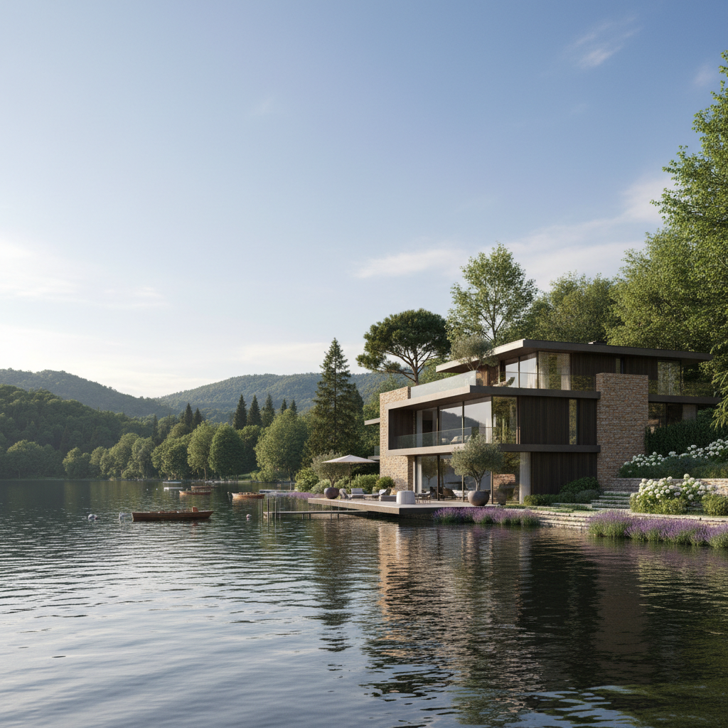 Contemporary luxury villa exterior with large windows, clean modern architecture, lush green surroundings and private driveway