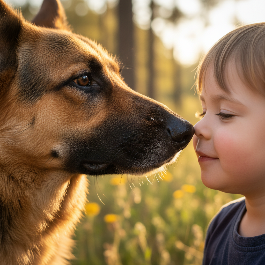 German Shepherd wet nose pressed against a child cheek, golden hour light
