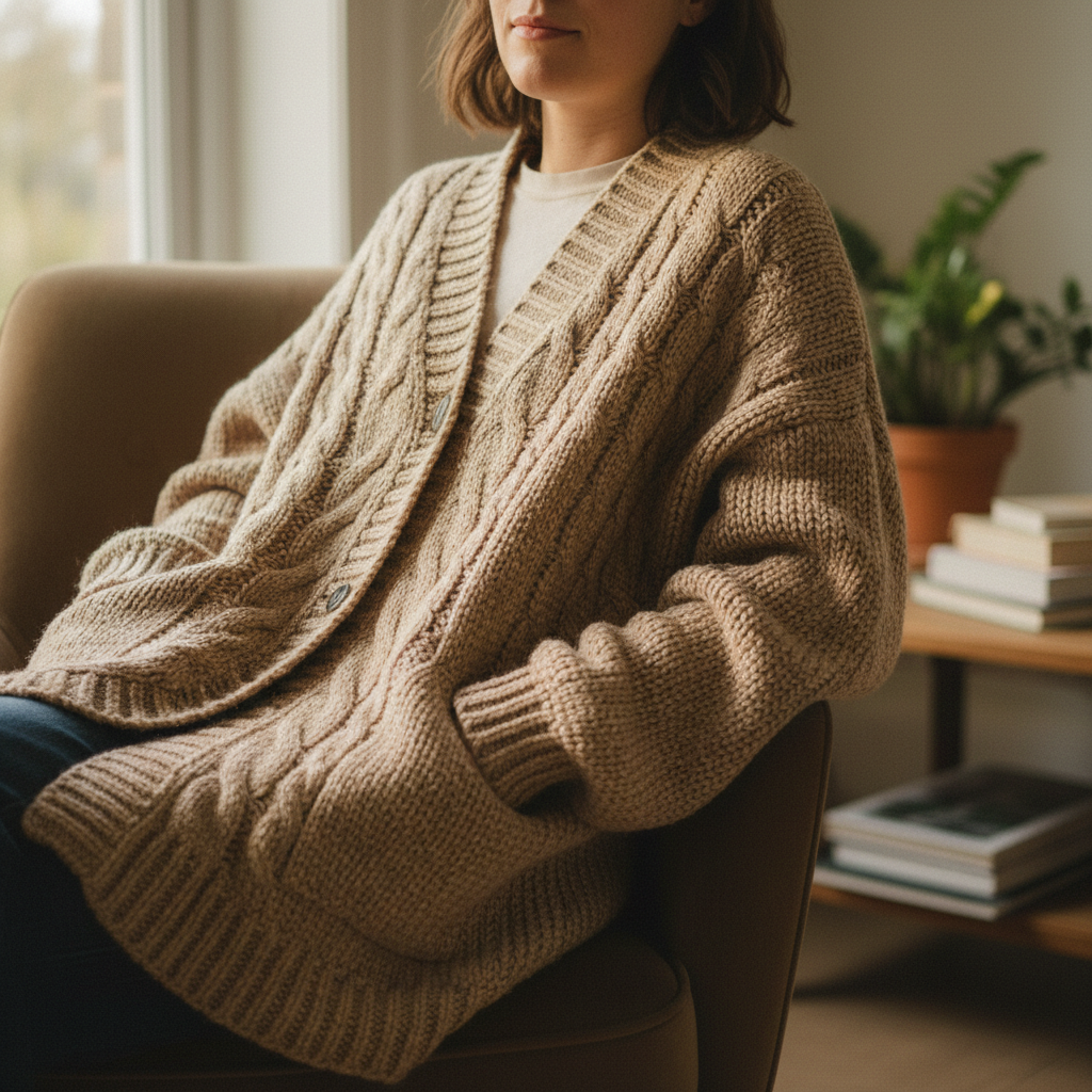 Cinnamon wrap cardigan in warm spice tones, oversized open-front style, cozy drape worn casually indoors