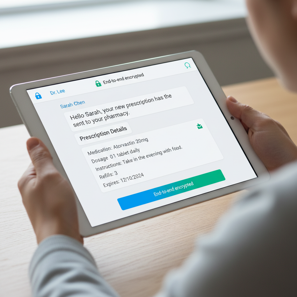 Secure chat interface between patient and doctor on Clora app showing HIPAA-compliant messaging with prescription delivery option