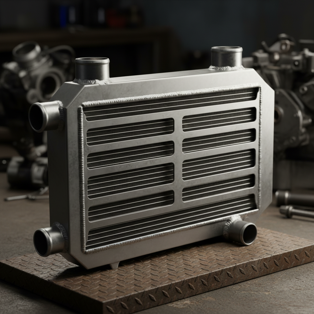 Performance intercooler and charge pipes, dark steel workshop environment