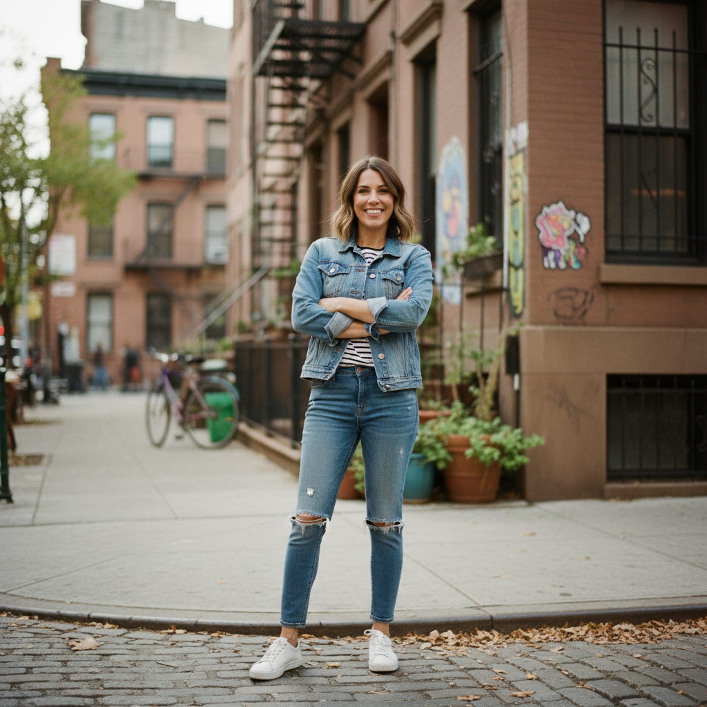 Brooklyn homeowner in casual attire smiling outdoors on a city street