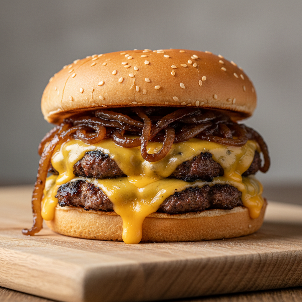 Juicy double smash burger with melted cheddar and caramelized onions on dark background