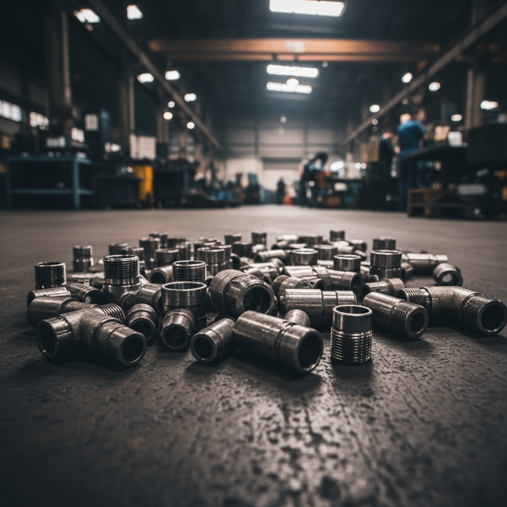 Hydraulic system hoses and fittings in industrial machinery, dark factory floor, high-pressure fluid power components, atmospheric lighting