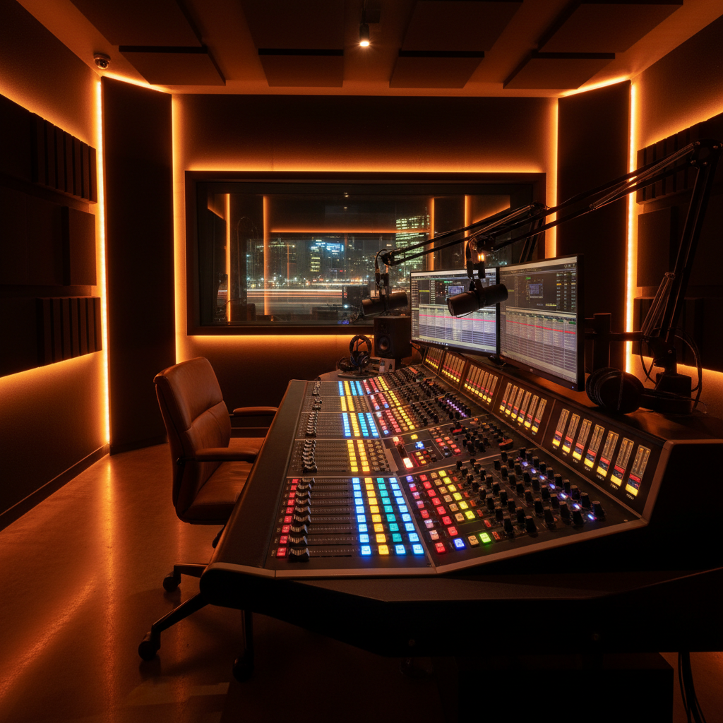 Radio studio with mixing board and microphones in dimly lit broadcast room, purple ambient lighting