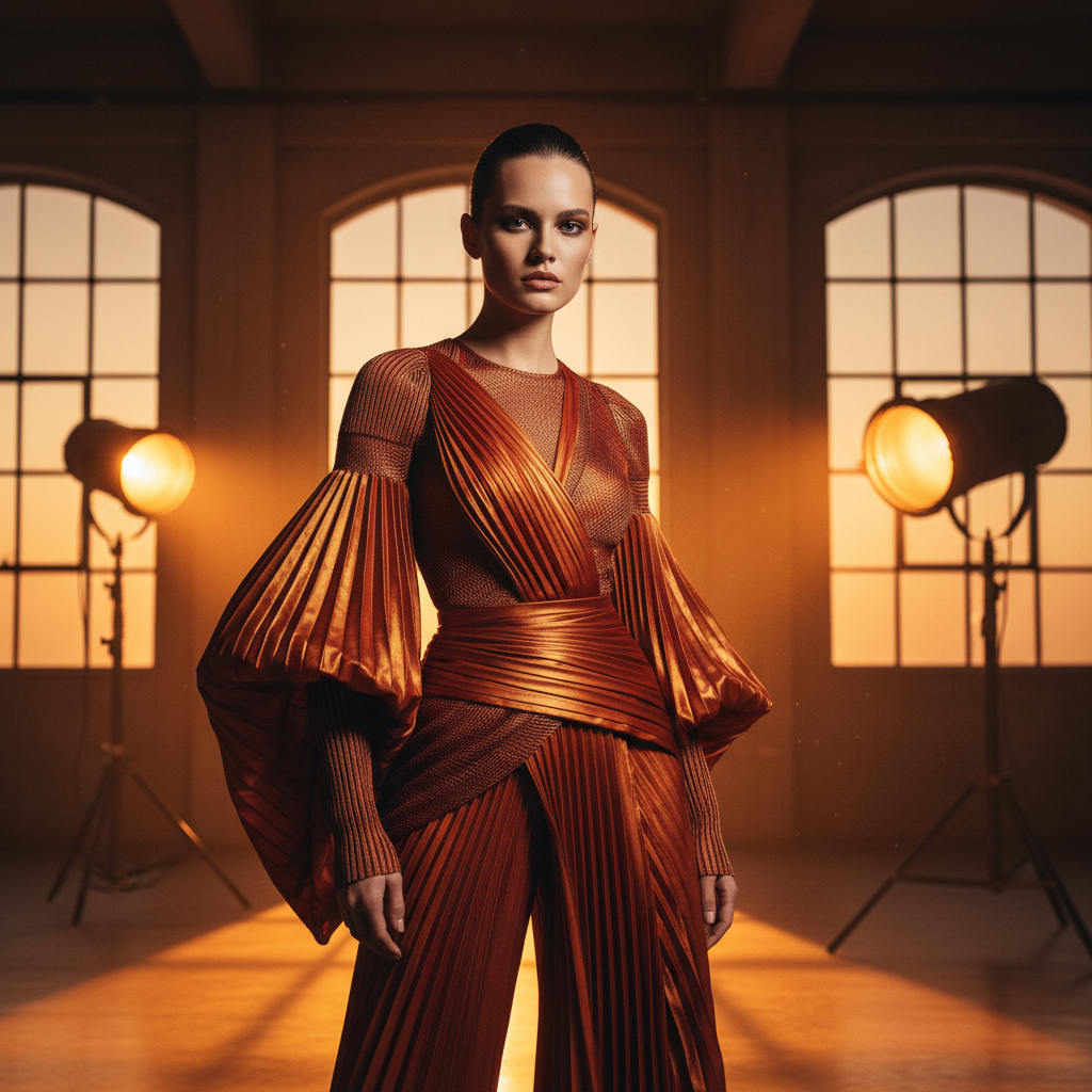 Fashion model in editorial pose, dark studio environment, deep shadow moody lighting