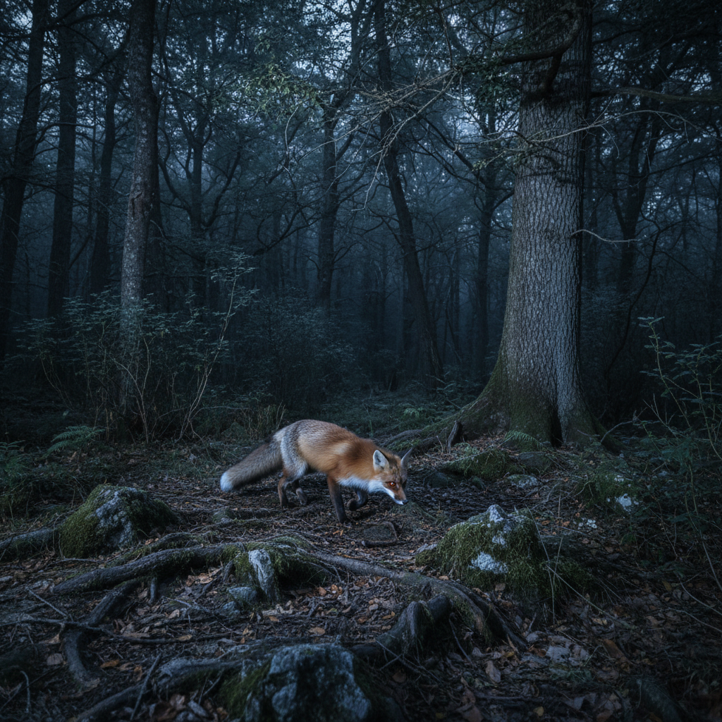 Fox with glowing eyes in dark nocturnal habitat lighting