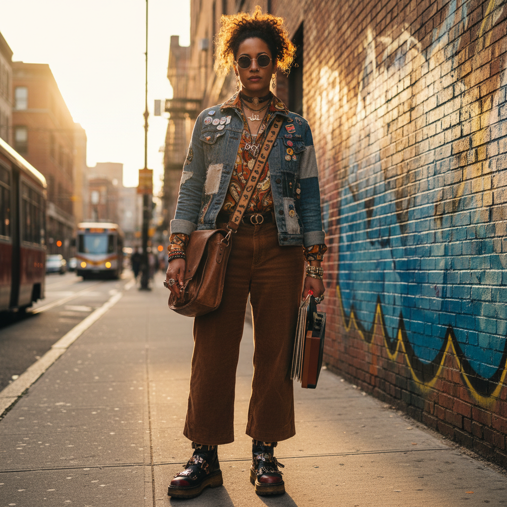 Music curator with authentic personal style in urban setting