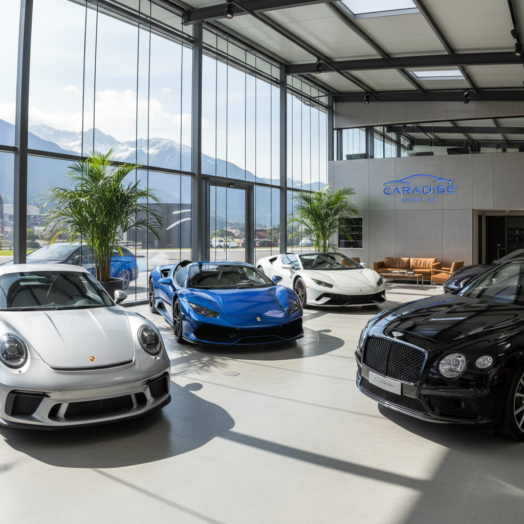 Vue du showroom Caradise Group SA à Martigny avec véhicules premium