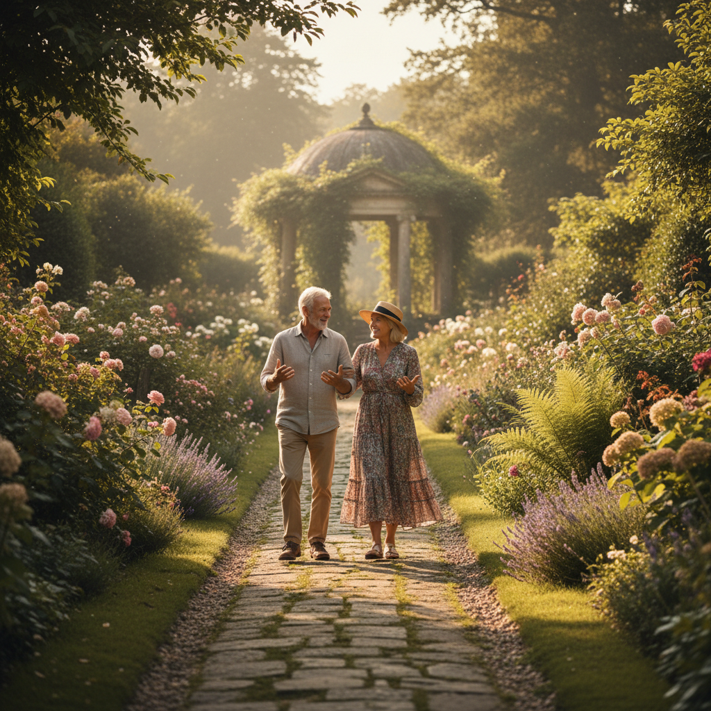 Two older adults walking a garden path together in warm afternoon light, mid-conversation