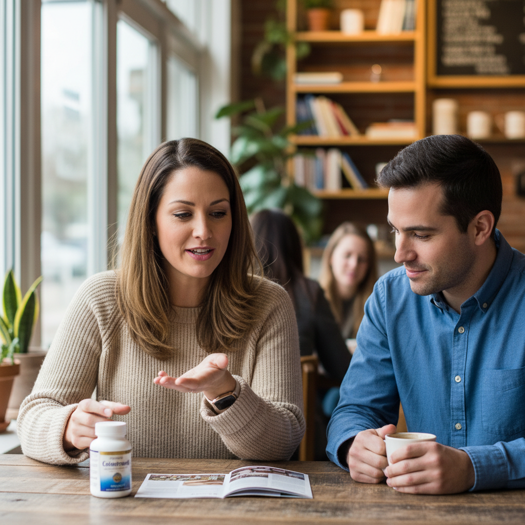 Associate sharing Colostrum6 product information with a friend over coffee