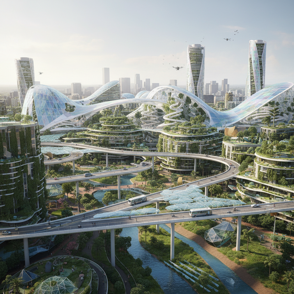 Modern sustainable city development with green spaces and futuristic architecture in Saudi Arabia