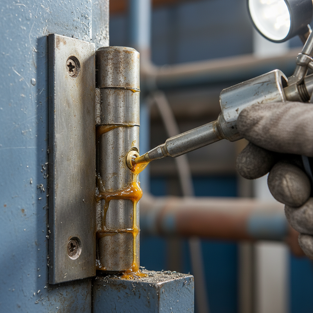 Macro shot of industrial door hinge and lubrication point during preventive maintenance
