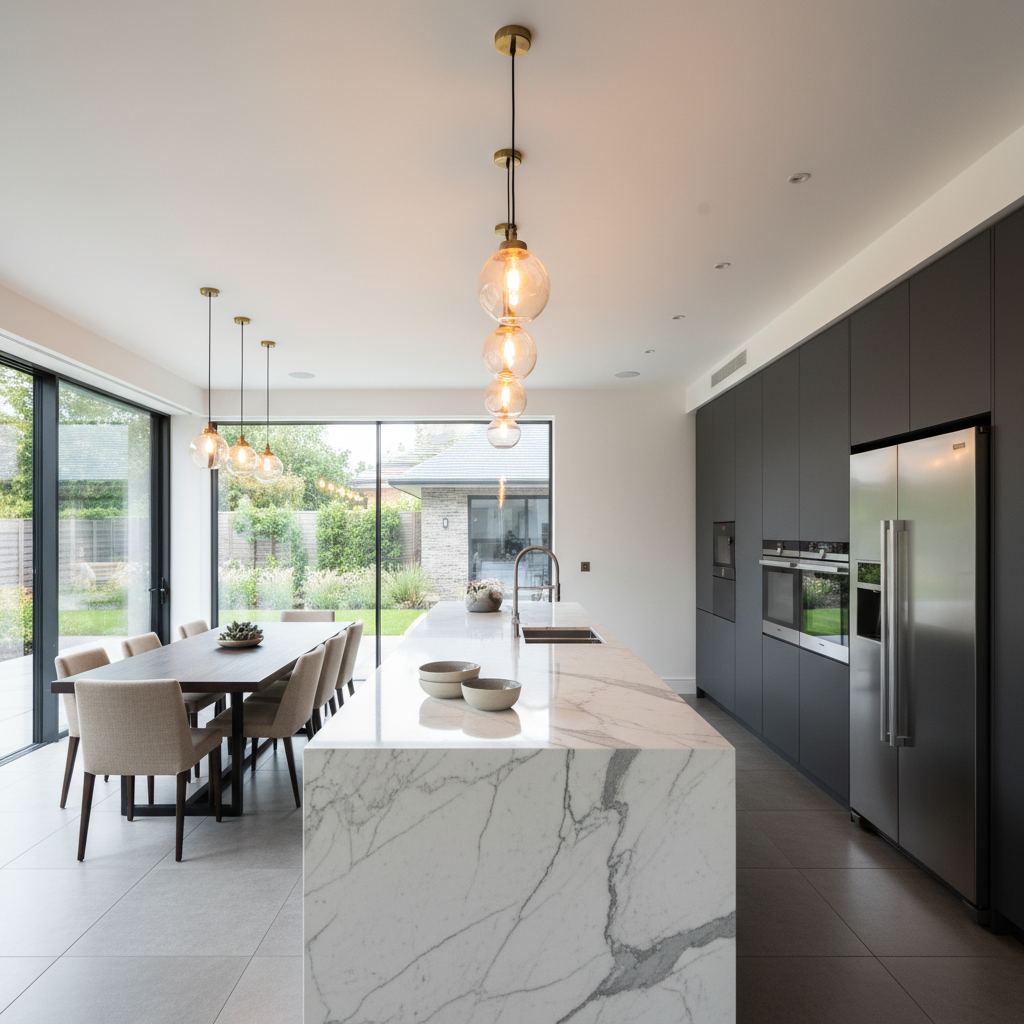 Luxurious open-plan kitchen and dining area, warm lighting, marble surfaces, high ceiling, sophisticated neutral palette