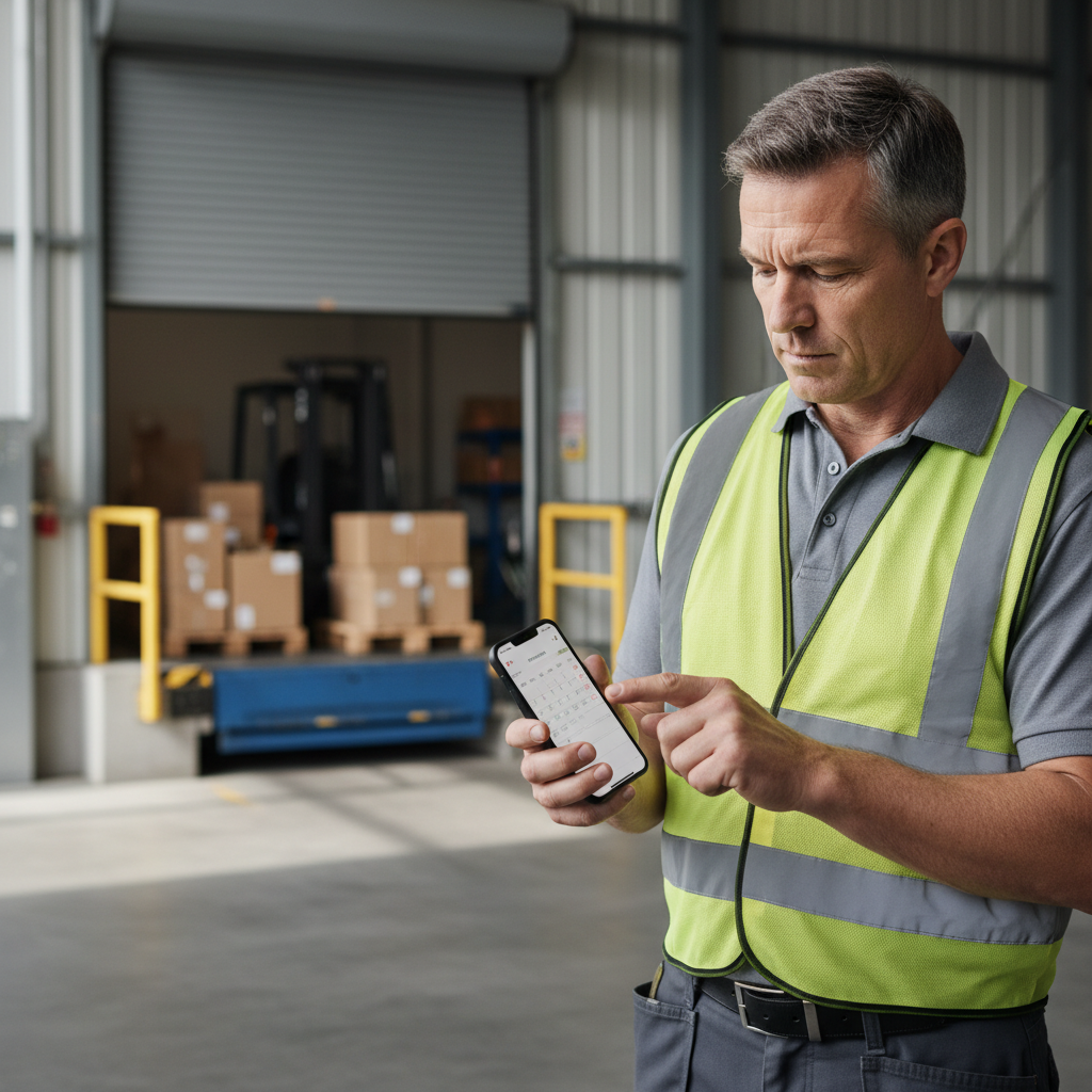 Facility manager scheduling an appointment on a smartphone while standing near a loading dock