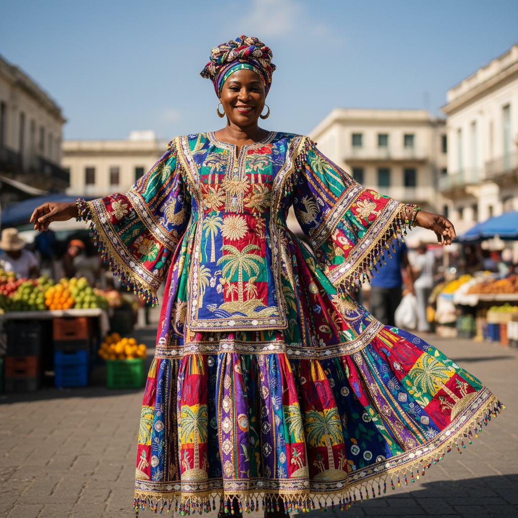 Portrait of Caribbean woman smiling in traditional colorful clothing