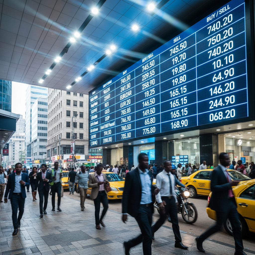 Currency exchange rate boards in a financial district, bright illuminated displays, modern banking environment