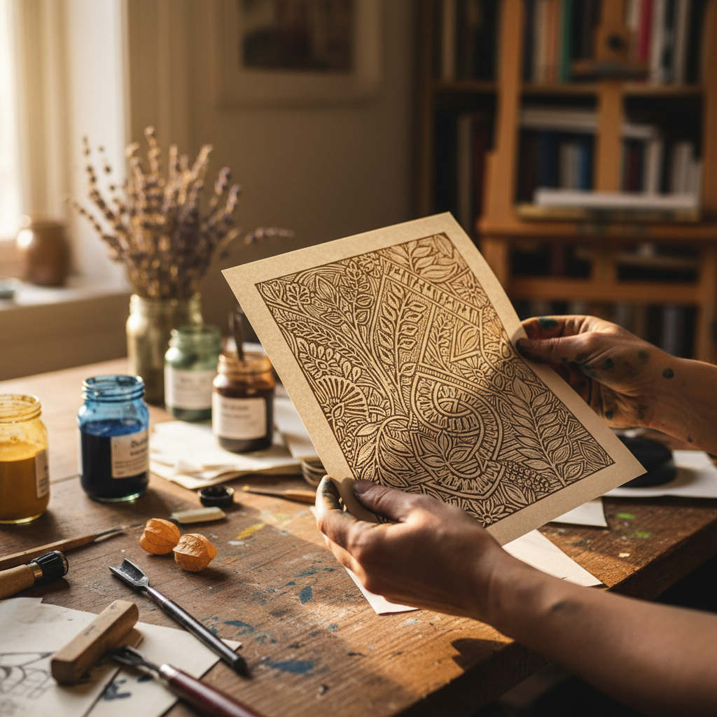 Hands carving a linocut block under a bright studio lamp with ink-stained fingers