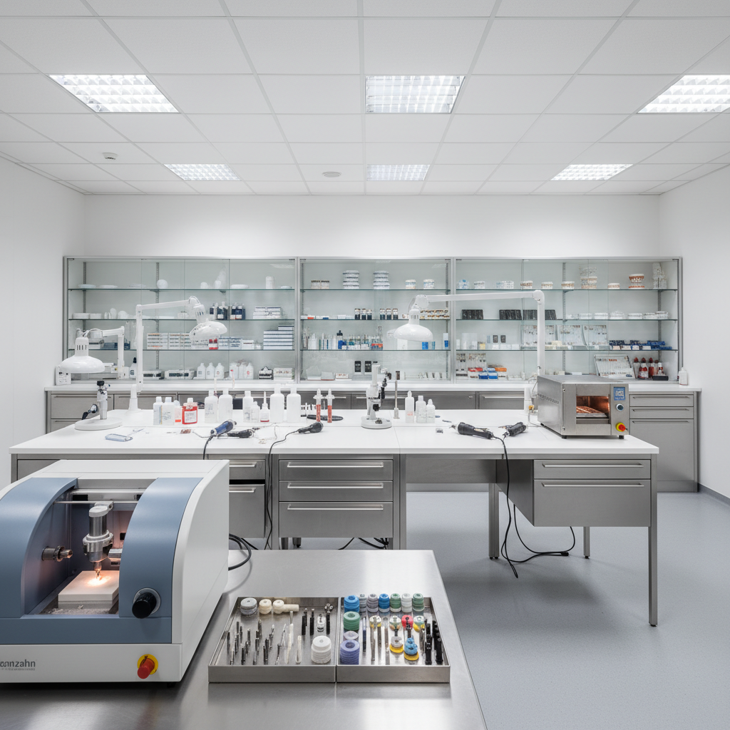 Dental laboratory with crown prosthetics being crafted, professional precision work, clean organized workspace
