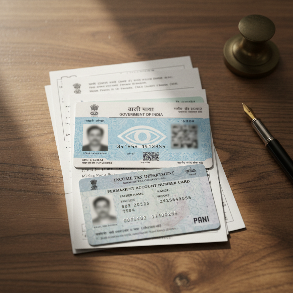 PAN card application form with documents and pen on desk